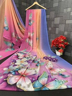 Pemal Designer Digital Print Bollywood Georgette Saree(Multicolor)