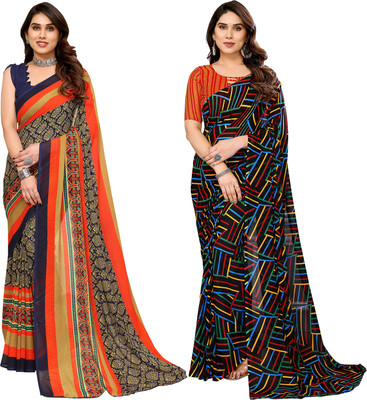 kashvi sarees Printed Daily Wear Georgette Saree(Pack of 2, Dark Blue, Orange, Multicolor)