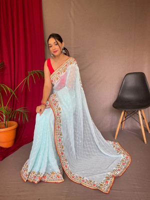 MAHADEV Embroidered Bollywood Georgette Saree(Light Blue)