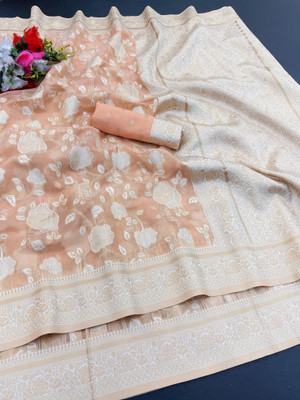 AAINA CREATION Floral Print Bollywood Tissue Saree(Orange)