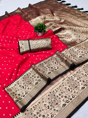 Keswi Fab Woven, Self Design, Embellished Paithani Jacquard, Art Silk Saree(Red)