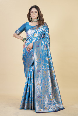 Divastri Floral Print Banarasi Silk Blend Saree(Blue)