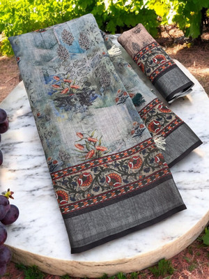 SJY Floral Print Bollywood Linen Saree(Multicolor)