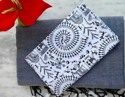TARAMAACREATION Printed Tant Handloom Pure Cotton Saree(Grey)