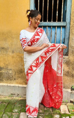 SP Boutique Embroidered Jamdani Cotton Silk Saree(White)