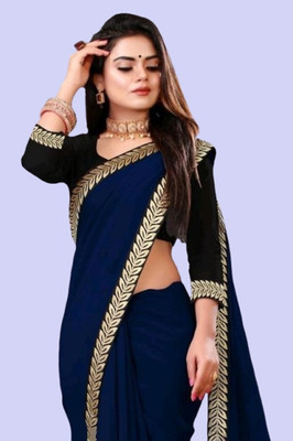 OKTAT Solid/Plain Bollywood Georgette Saree(Dark Blue)