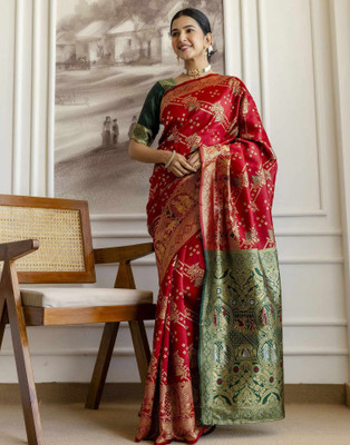 Falessa Woven, Floral Print Banarasi Art Silk Saree(Red)