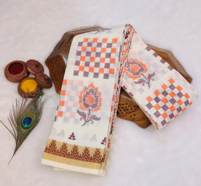 Varshika Tex Printed Handloom Pure Cotton Saree(White)