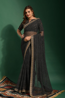 Divastri Printed Bandhani Georgette Saree(Black)