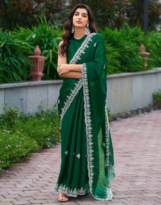 Satrani Embroidered, Embellished Bollywood Jimmy choo, Tissue Saree(Green)