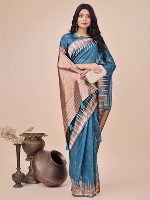 Tasrika Woven Kanjivaram Cotton Linen Saree(Blue)