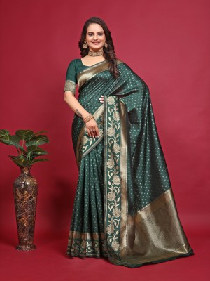 SHRIMAY Polka Print, Woven Kanjivaram Silk Blend Saree(Dark Green)