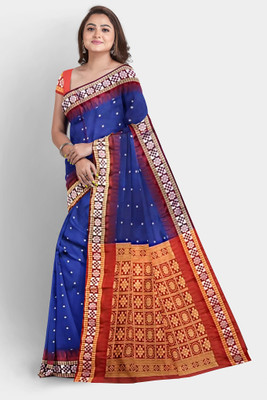 Cirkirow Temple Border, Solid/Plain Sambalpuri Cotton Linen Saree(Blue)