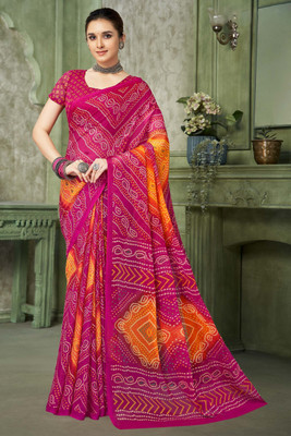SainiVastra Printed Bandhani Chiffon Saree(Magenta)