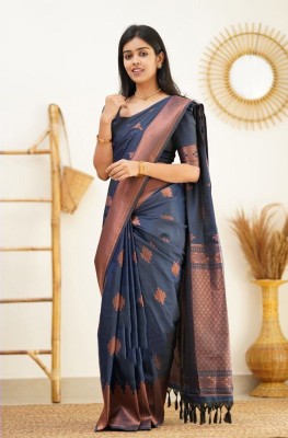 SariSphere Solid/Plain Banarasi Cotton Silk Saree(Blue)