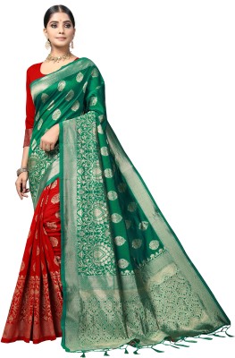 RANJAN Floral Print Banarasi Silk Blend Saree(Green)