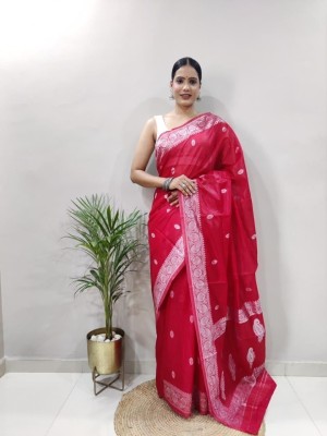 Bansari Textiles Embroidered, Self Design, Printed, Woven, Applique Daily Wear Cotton Linen Saree(Red)