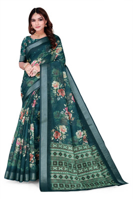 XHE Printed, Self Design, Floral Print, Embellished, Digital Print, Woven Handloom Linen Saree(Light Green)
