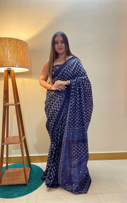 JASU CREATION Printed Bollywood Pure Cotton Saree(Dark Blue)