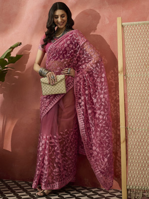 Sangria Embroidered Saree with Attached Blouse Net Saree(Pink)