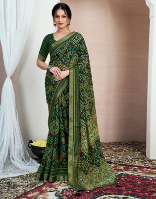 Samah Printed, Embellished Bandhani Chiffon, Georgette Saree(Green)