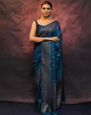 Divastri Dyed, Embellished, Self Design Banarasi Silk Blend, Jacquard Saree(Blue, Gold)