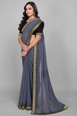 Om Sai Creation Solid/Plain Daily Wear Georgette, Chiffon Saree(Grey)