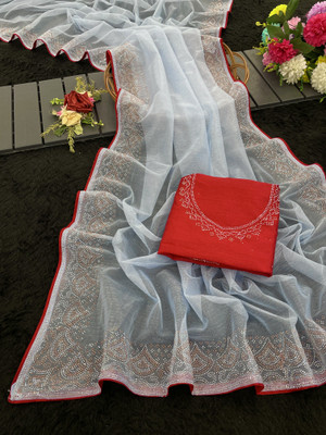 JENNYFEB Embellished Bollywood Supernet Saree(Grey)