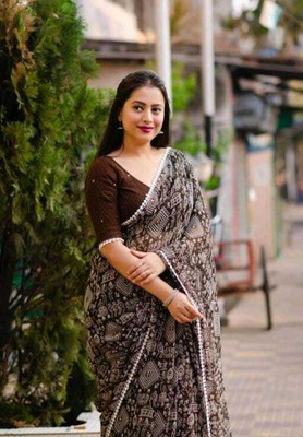 SkyCraftX Printed Bollywood Georgette Saree(Brown)