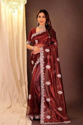 TODAY DEAL Embroidered Bollywood Net Saree(Maroon)