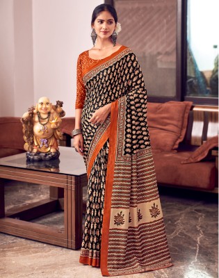 Samah Floral Print, Geometric Print, Printed Hand Batik Pure Cotton Saree(Black, Cream, Brown)