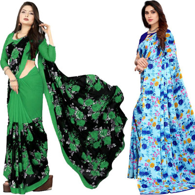 Priyashi Printed Daily Wear Georgette Saree(Pack of 2, Blue)