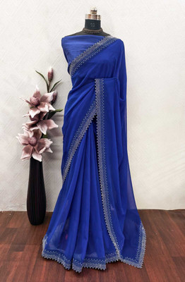KESARI Striped, Printed, Solid/Plain Bollywood Georgette Saree(Blue)