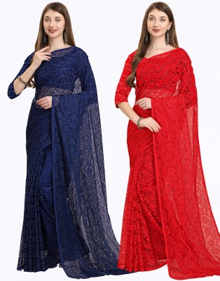 IRI Embellished Bollywood Net Saree(Pack of 2, Dark Blue, Red)