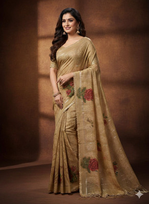 UNBRENDED Floral Print Banarasi Silk Blend Saree(Gold)