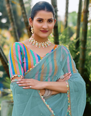 Samah Dyed, Embellished, Self Design Bollywood Net, Lace Saree(Blue)