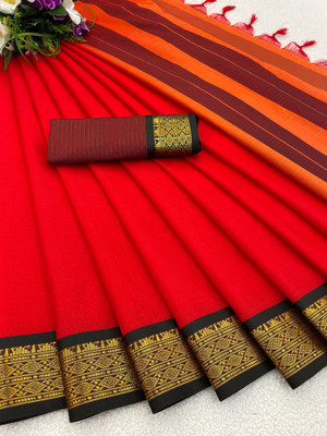 KanjiQueen Checkered Jamdani Silk Blend, Cotton Blend Saree(Red, Black)