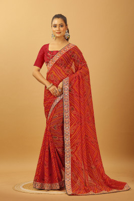 Damru trendz Digital Print Leheria Georgette Saree(Red)