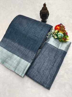 HangerStories Woven Bollywood Pure Cotton, Cotton Linen Saree(Black, Grey)