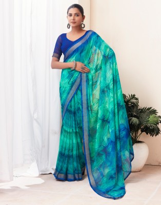 Samah Floral Print, Embellished, Striped, Woven Daily Wear Georgette Saree(Blue, Dark Blue)