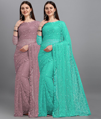 LOROFY Self Design Bollywood Net Saree(Pack of 2, Multicolor)