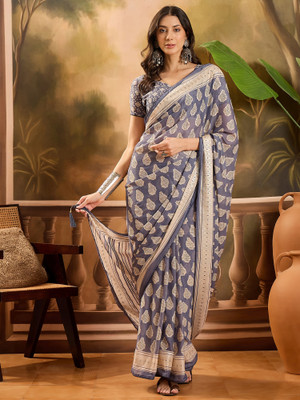 Blissta Printed Daily Wear Chiffon Saree(Grey)