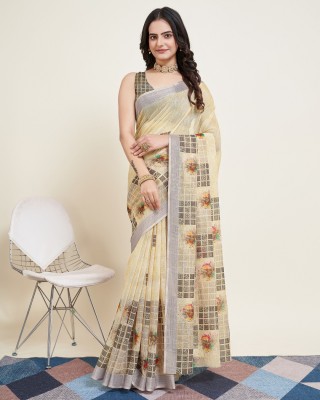 LEOSAGI Printed, Floral Print, Woven Bollywood Cotton Silk Saree(Beige)