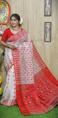 GOLU Temple Border Handloom Handloom Cotton Blend Saree(White, Red)