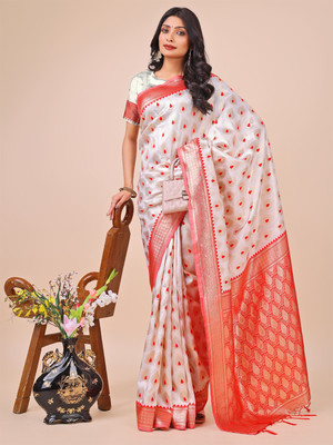 MADHUSUDAN TEX FAB Embellished Banarasi Silk Blend Saree(White)