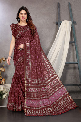 MIRCHI FASHION Printed, Blocked Printed Daily Wear Cotton Blend Saree(Maroon, White)