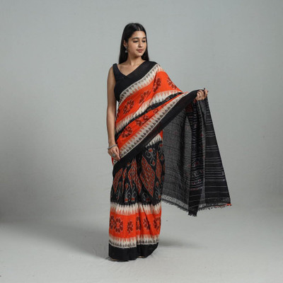 handloom paridhaan Woven Ikkat Handloom Pure Cotton Saree(Orange, Black)