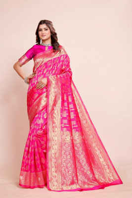 DHAYNAAND REEWA FASHION Floral Print, Woven Banarasi Jacquard Saree(Pink)