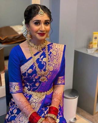 SOMVATI Solid/Plain, Printed Kanjivaram Art Silk, Jacquard Saree(Blue)