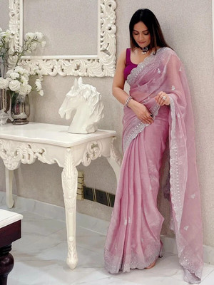 KMK STUDIO Applique, Embellished, Embroidered Bollywood Silk Blend Saree(Purple)
